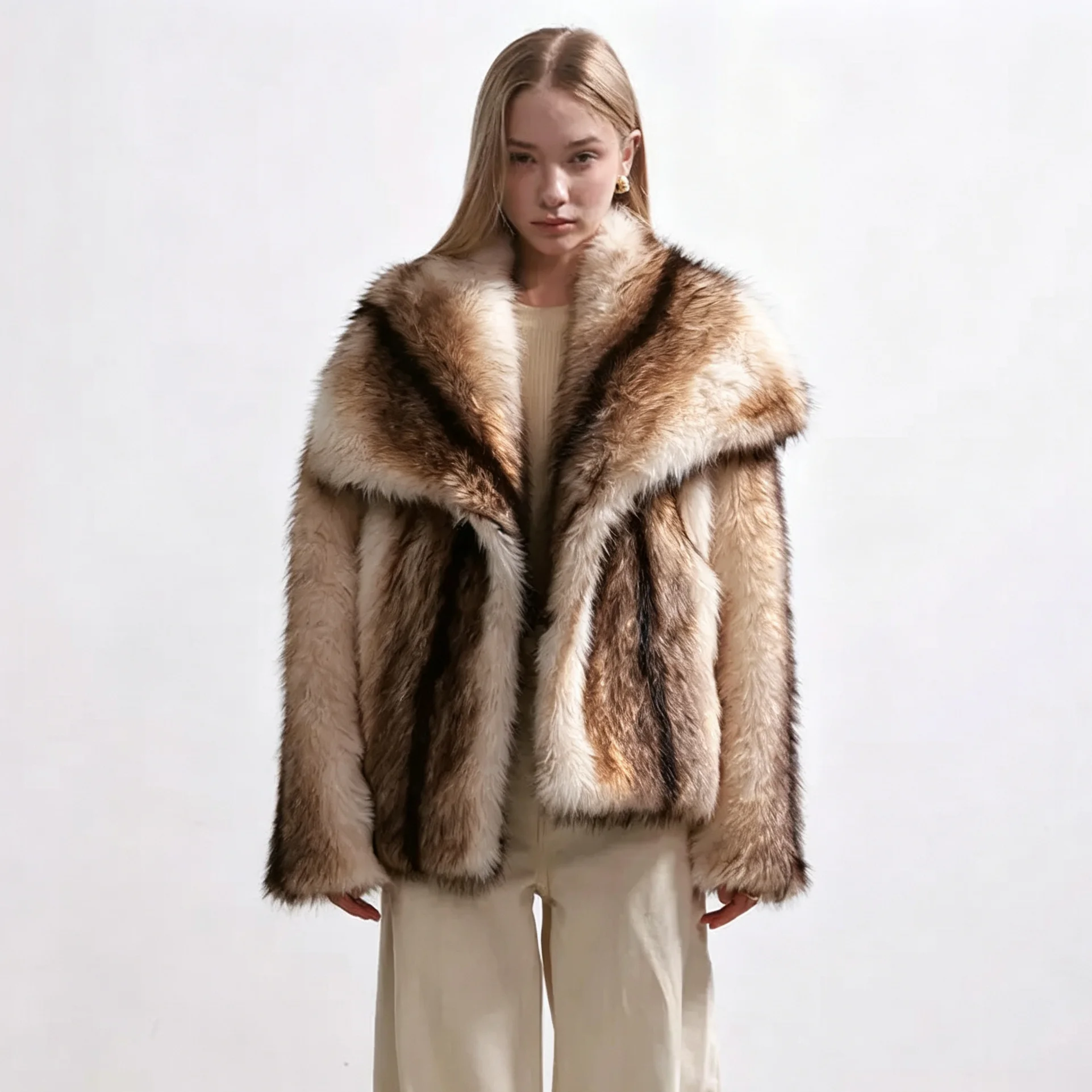 RU Women Faux Fur Cropped Jacket Oversized Shawl Lapel Loose Long Sleeve Striped Fluffy Warm Outerwear Party Daily Short Coat