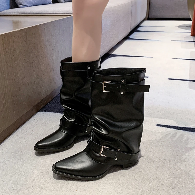 Block Heel Pointed Toe Long Tube Boots Women's New Summer Belt Buckle Stack Fashion Leather Shoes