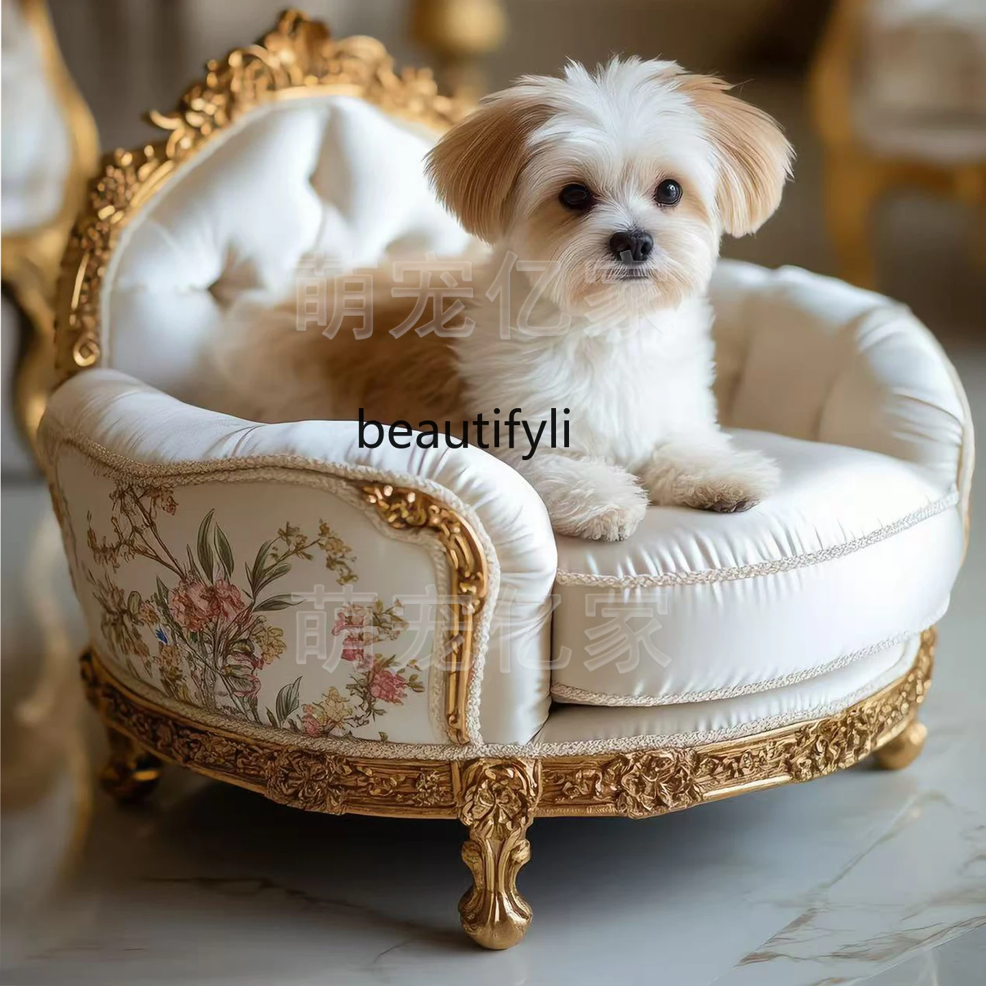 

French Style Dog Bed Solid Wood Carved Cat Bed Pet Sofa Recliner with Soft Cushion Gold Foil Color