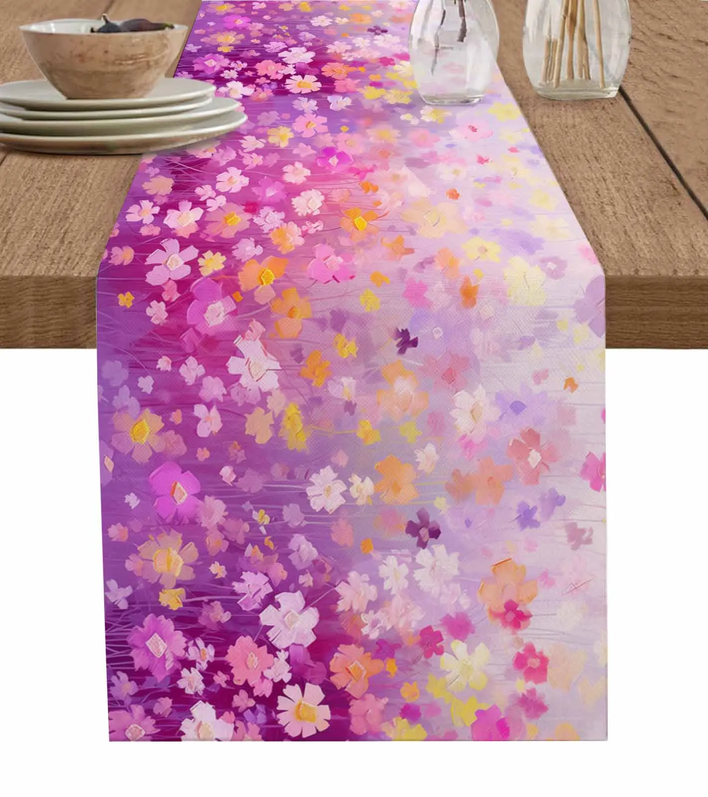 

Spring Chrysanthemum Oil Painting Flowers Table Runner Wedding Decor Table Runner Holiday Dining Table Decor Linen Tablecloth