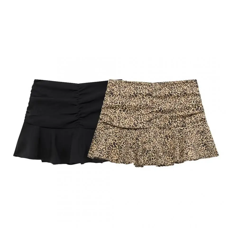 

Sexy Leopard Print Zip Up Ultra Shorts Fashion Airy Solid Colour Pleated Shorts Comfortable Lotus Leaf Edge Hem Street Clothing