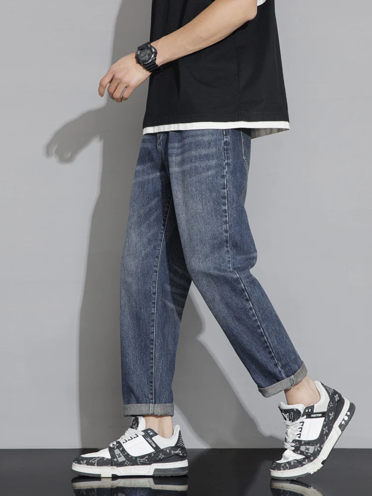 

Мужские джинсы премиум-класса с прямыми штанинами, модные, новые, летние, из смесового хлопка и полиэстера, износостойкие, не требующие глажки, прочные, прямого кроя