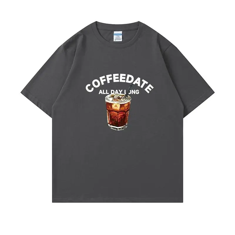 Letnia koszulka z krótkim rękawem z nadrukiem kawy na lodzie w stylu amerykańskim, bawełniana, męska i damska, luźny krój, okrągły dekolt, dla par, codzienna odzież.