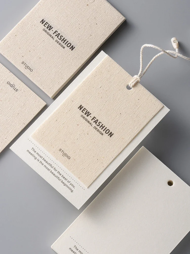 ヴィンテージコットンリネン製ハンギングタグ、カスタム衣料品ラベル、価格・サイズタグ、衣料品商標ブランド、ハンギングカードデザイン、カスタマイズ可能