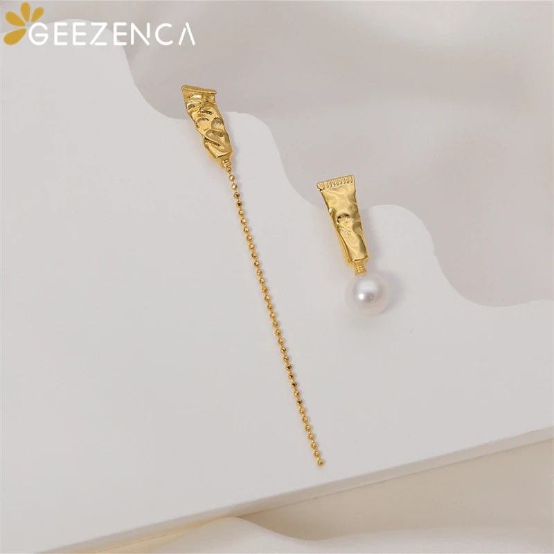 GEEZENCA France Chic Natural Pearl S925 Silver AB Asymmetry Earrings Women Original Design Oil Painting Pigment Earring 2023 New