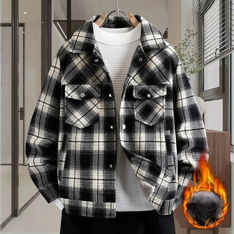 

Teenagers' Checked Denim Jacket Men's Autumn Winter Thickened Fleece Lapel Cool Cotton-padded Jacket for Junior Senior High Coat