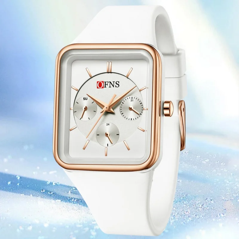 OFNS 여성용 8035 패션 쿼츠 시계, 심플 스퀘어 캘린더, 실리콘 방수, 우아한 손목시계 선물