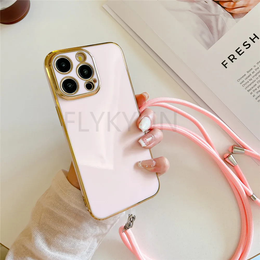 Plating Crossbody Lanyard Strap Phone Case For iPhone 15 14 13 12 11 Pro Max XS Max X XR 8 7 Plus SE 2020 Soft Silicone Cover