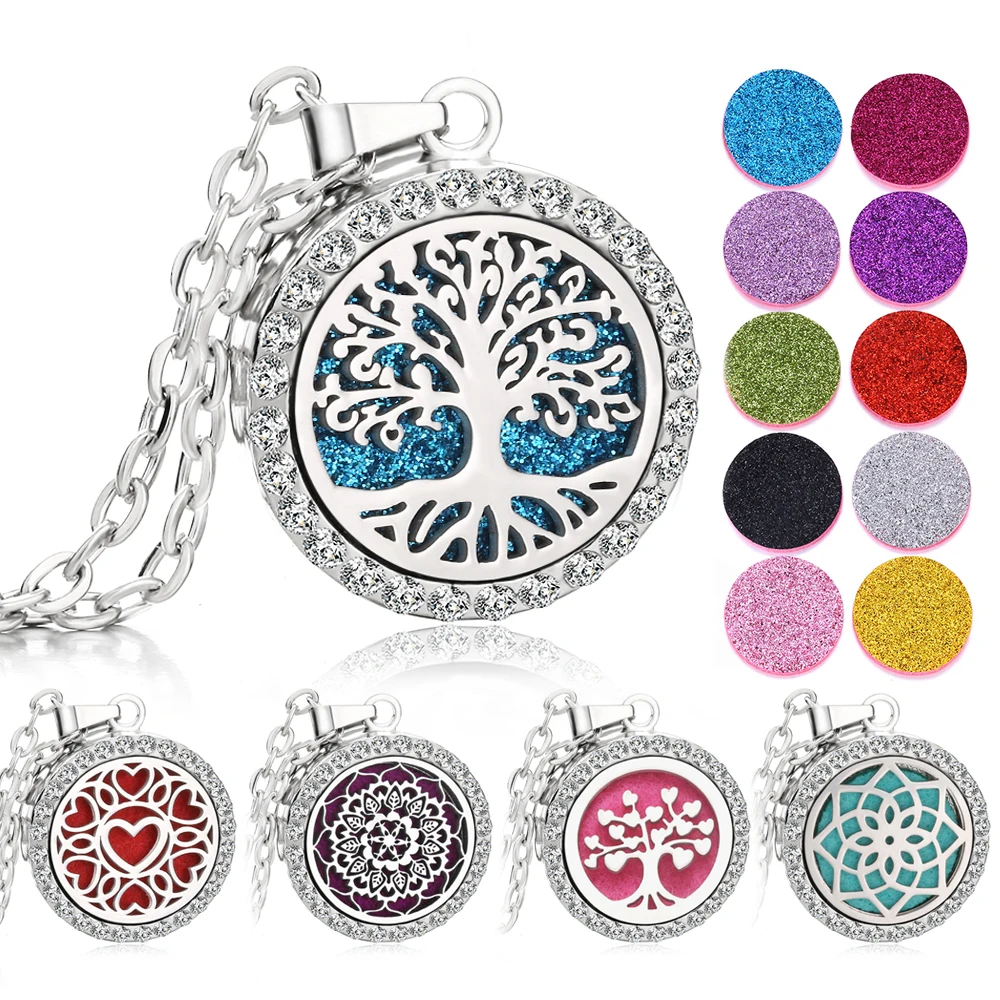 Rhinestone Diffuser Locket Necklace Perfume Pendant Essential Oils Tree of Life Aromatherapy Necklace Scent Aroma Jewelry Gift