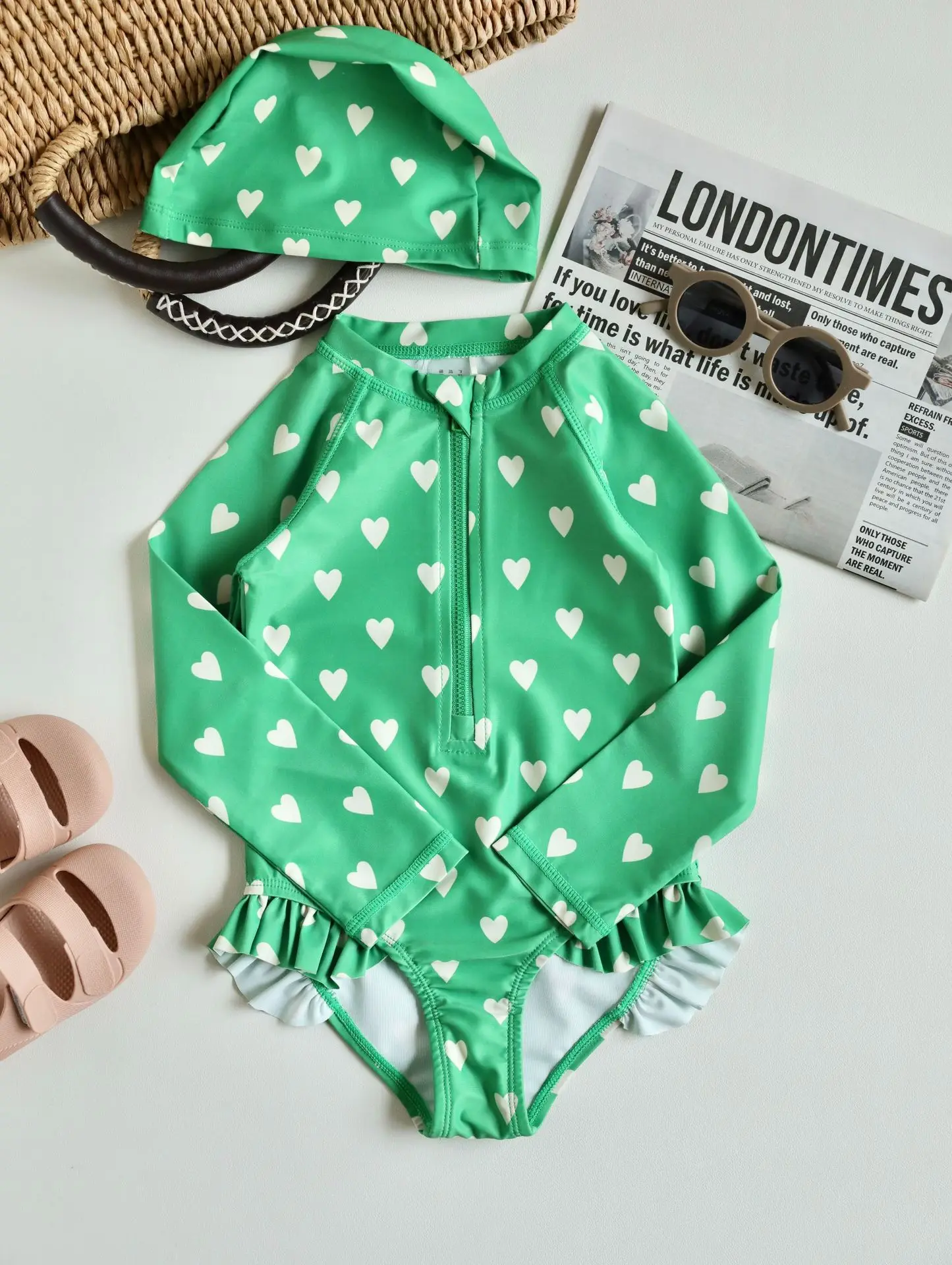 Girls One Pieces Swimsuit With Cap Print Heart Cherry Ruffle Girls Swimwear Long Sleeve Bikinis Set Beach Toddler Swimming Suit