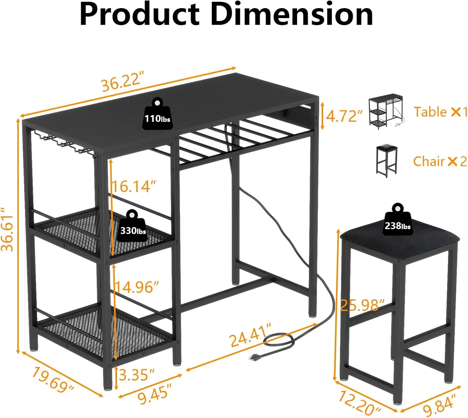 طاولة بار وكراسي مع منفذ طاقة ، طاولة حانة وكراسي ، 2 مع 2 رفوف تخزين ، مجموعة مكتب 3 قطع مع رف نبيذ