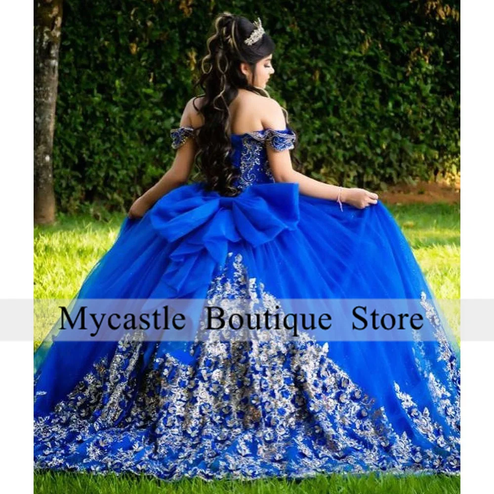 Mexico Royal Blue Beaded Lace Quinceanera Dresses Ball Gown 2025 Bow Appliques Sweet 16 Dress Customized Vestidos De Quinceañera