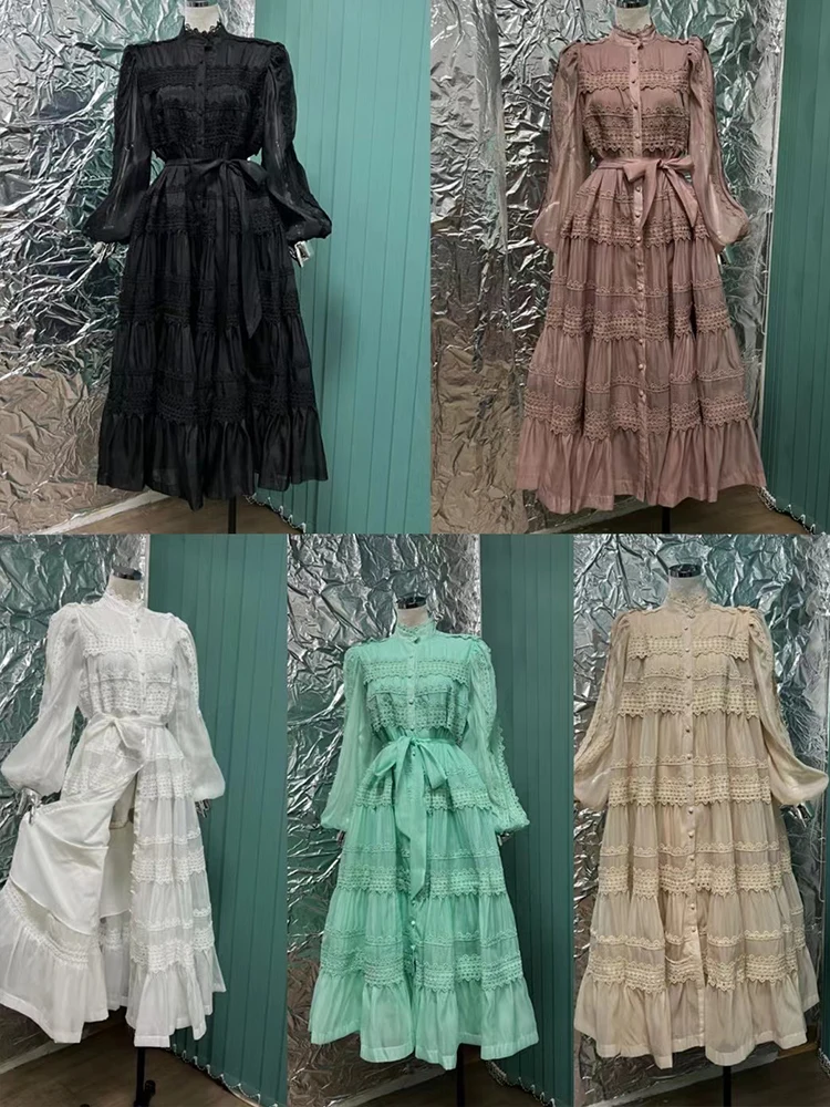 Retro fashion long-sleeved heavy stitching lace dress 2024 spring new women\'s single-breasted lace waist swing loose dress