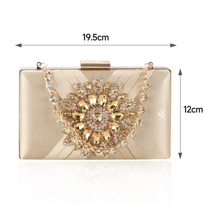 Retro Blue Satin Evening Bags For Women Classic Fashion Crystal Diamond Flower Clutches Square Handbags Prom Party Purses Clutch