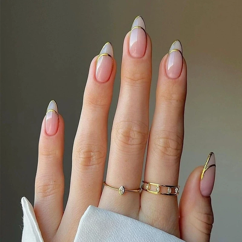 24 Pack Mint Green French Tip Almond Press On Nails Nude Base Glossy Coffin Almond False Nails Reusable Nail For Daily Party view 2