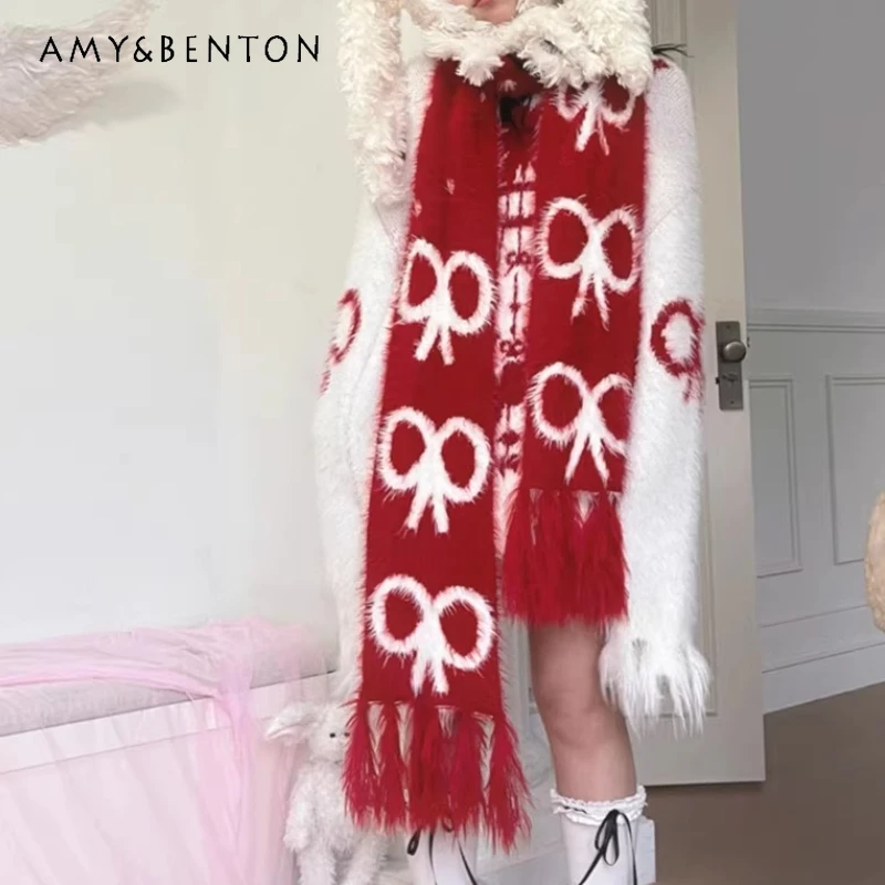 

Женский шарф-платок с жаккардовым узором и бантом, осенне-зимний, 2025, французский дизайн, с меховыми кисточками, красно-белый, для сохранения тепла