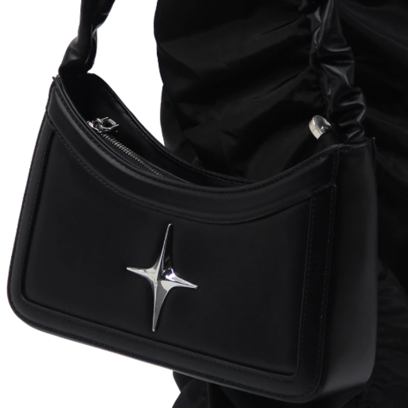 Vintage Pleated Star Black Women\'s Handbags Fashion Simple Trendy Shoulder Crossbody Bag Korean Y2k Girls Casual Top-Handle Bags