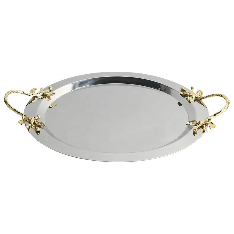 

&c Desktop Storage Tray Round Fruit Plate With Gold Metal Handle Wine Cup Tray Creative Stainless Steel Tableware Dessert