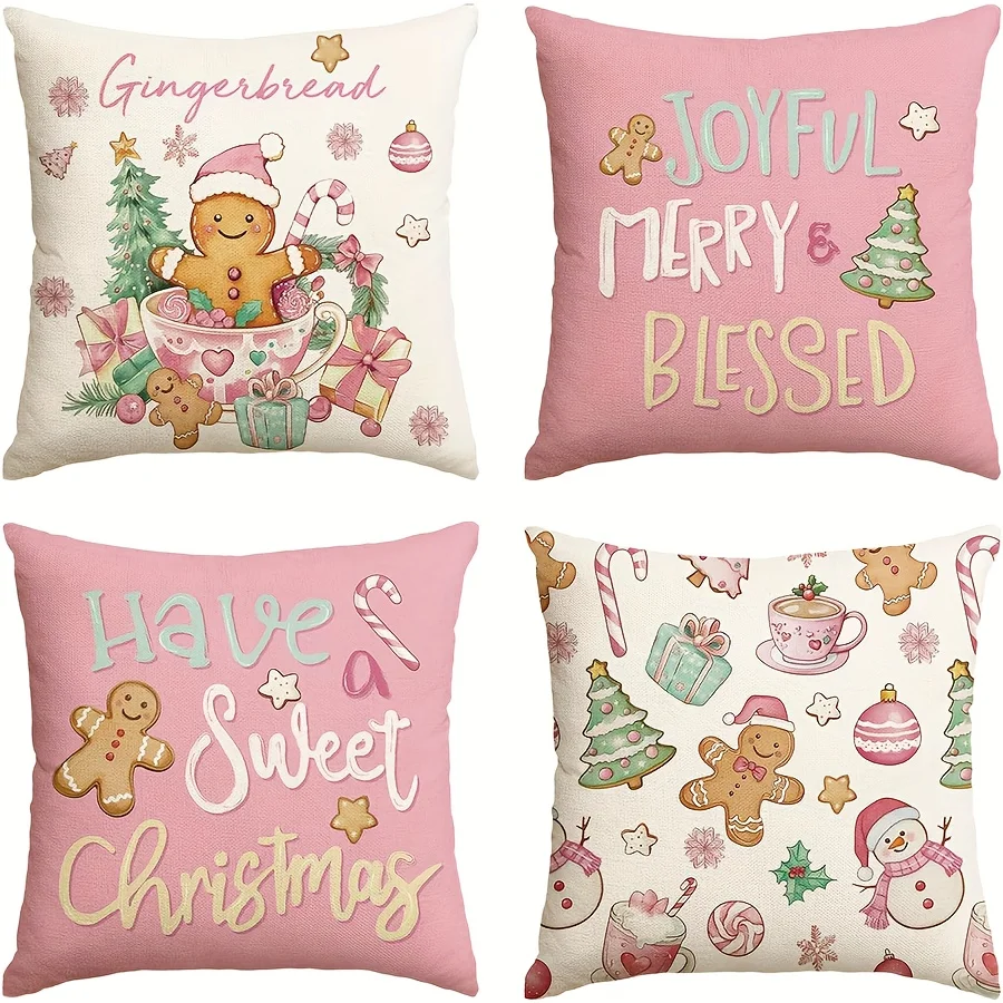 1PC 2D Flat Pink Christmas Throw Pillow Covers Cute Gingerbread Holiday Decorative Cushion Cases for Home Sofa Bed