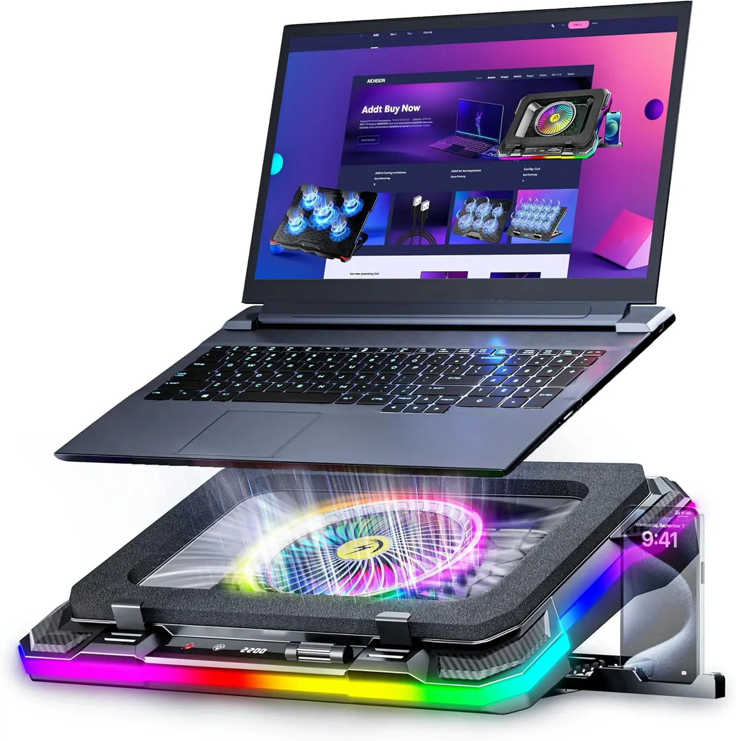 

Охлаждающая подставка для игровых ноутбуков с полноцветной RGB-подсветкой, мощный вентилятор для ноутбуков и ПК с диагональю 15-19 дюймов