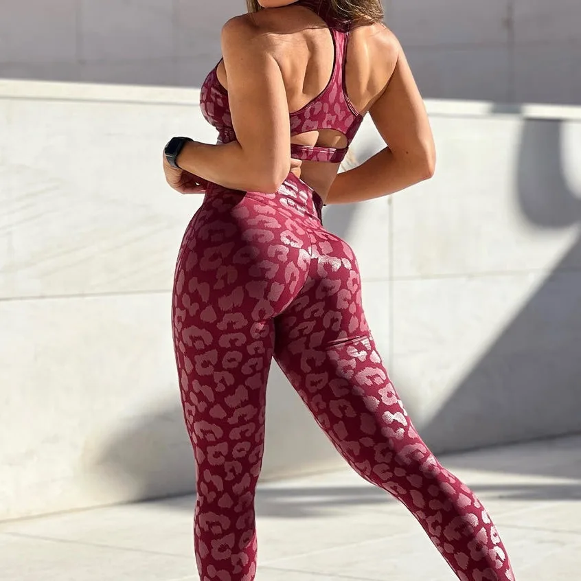 Imagem -04 - Pmwrun-conjunto de Terno de Yoga de Duas Peças Feminino Desgaste Ativo Brilhante Fitness Vest Leggings de Cintura Alta Leopard Pattern Foil Hip Lift Novo