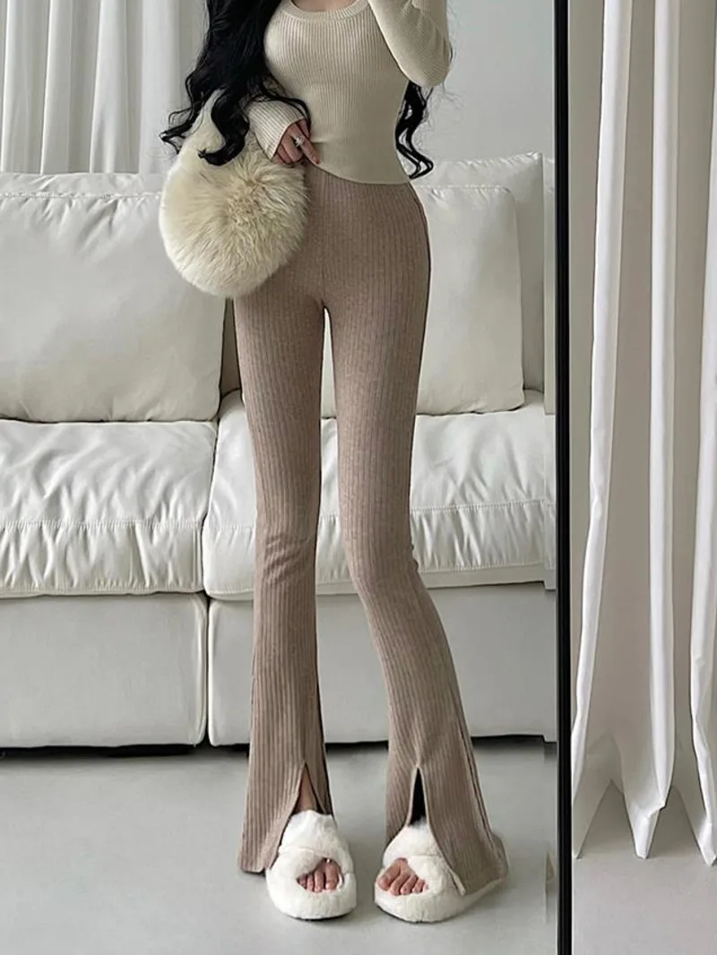 WOMENGAGA High Waist Tight Slim Fashion Women Pants Knitted Casual Pants Floor Slam Pants Flare Pants Trousers 2023 98P4