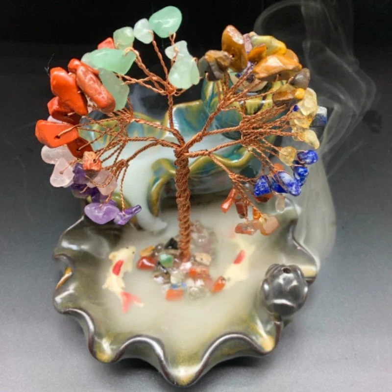 Waterfall Incense Holder Handcrafted Resin Incense Burner with Faux Stone Lucky Tree Ornament for Home Zen Meditation Decoration