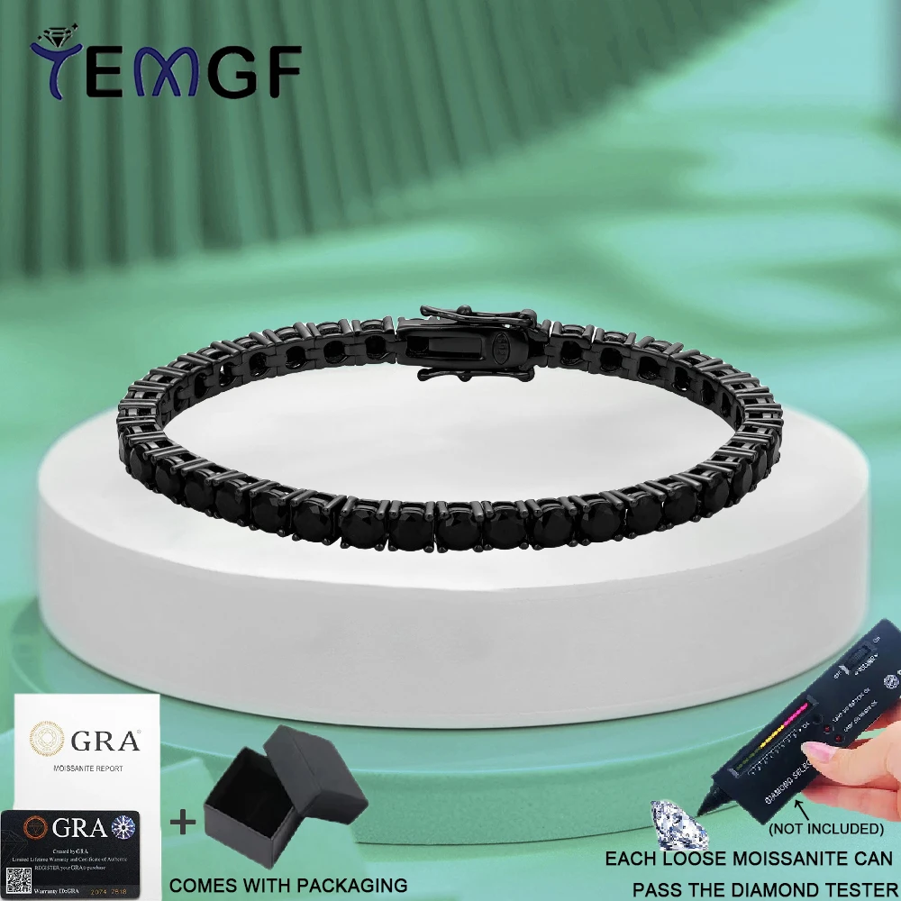 

TEMGF Full Black Moissanite/Zircon Bracelet S925 Sterling Silver Chain for Men Hip Hop Trendy Simple Fine Jewelry