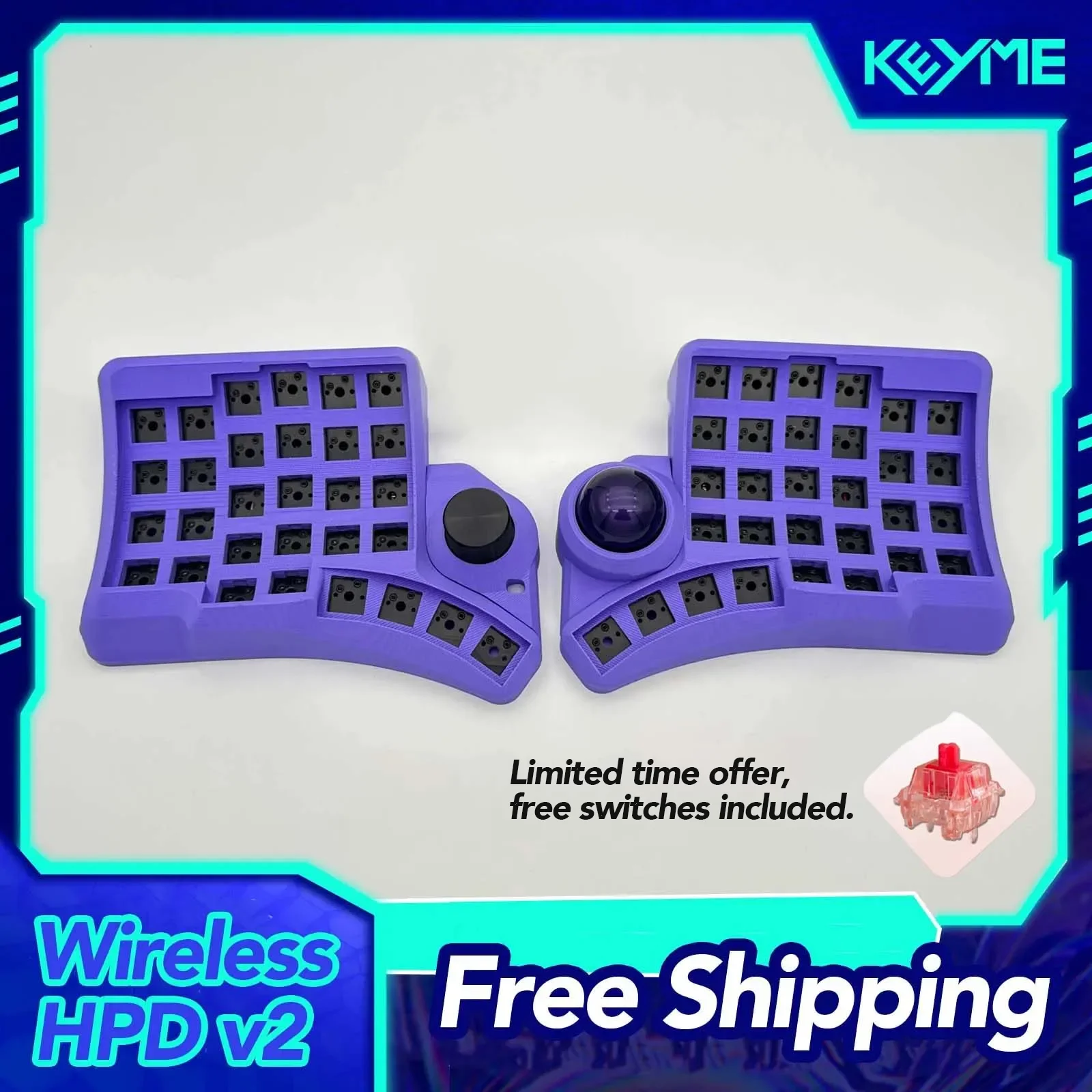 HPD V2 Wireless Bluetooth Curved Split Mechanical Keyboards Kit With Trackball Knob nrf52840 Support Hot Swap ZMK 550mAh Battery