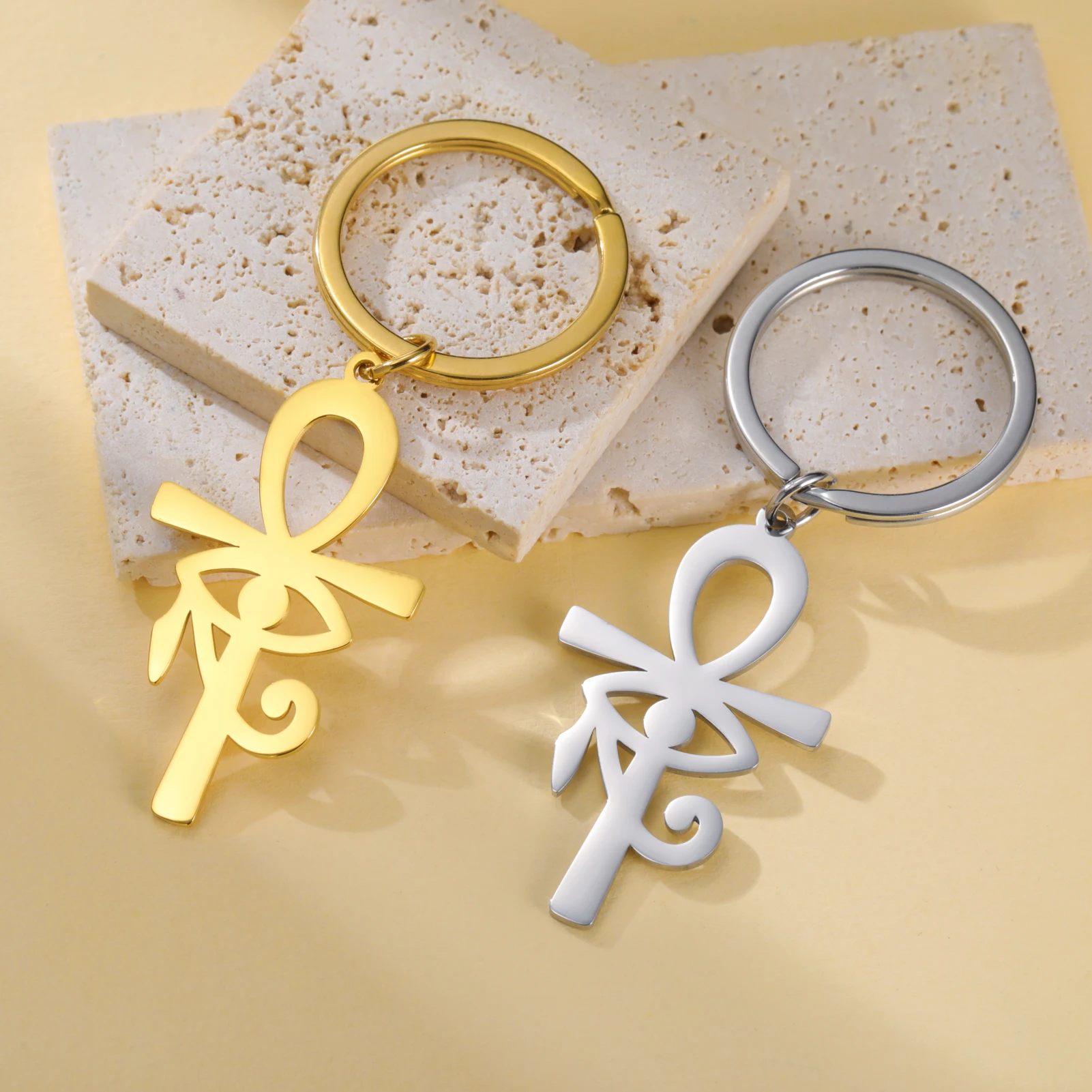LIKGREAT Eye of Horus Keychain Ancient Egypt Ankh Cross Keyring for Women Men Stainless Steel Talisman Cross Jewelry Gifts
