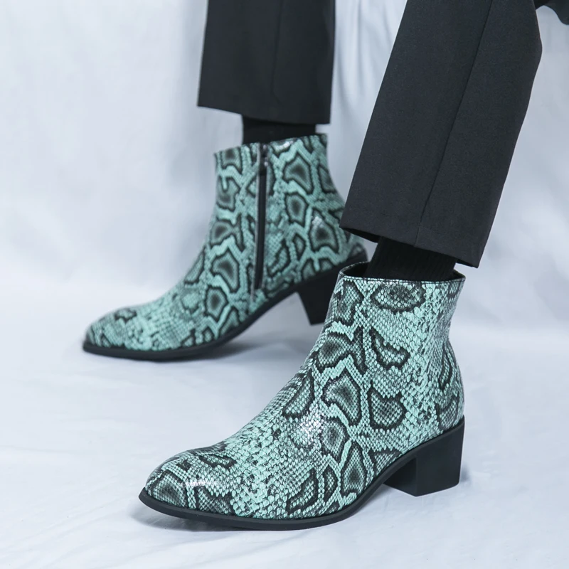 

Men High Top Boots PU Color Embossed Patterns Pointed High Heels Trendy Men Boots
