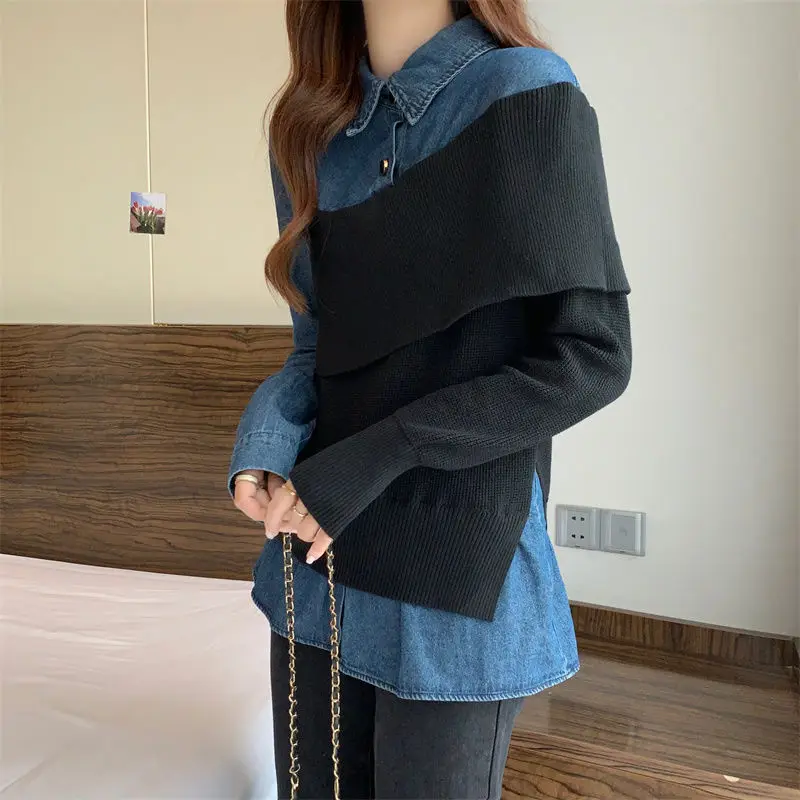 Cowboy Knitted Fashion Set for Women's Spring  Autumn 2023 New Black Vest Sweater Tank Top Cowboy Two Piece Set