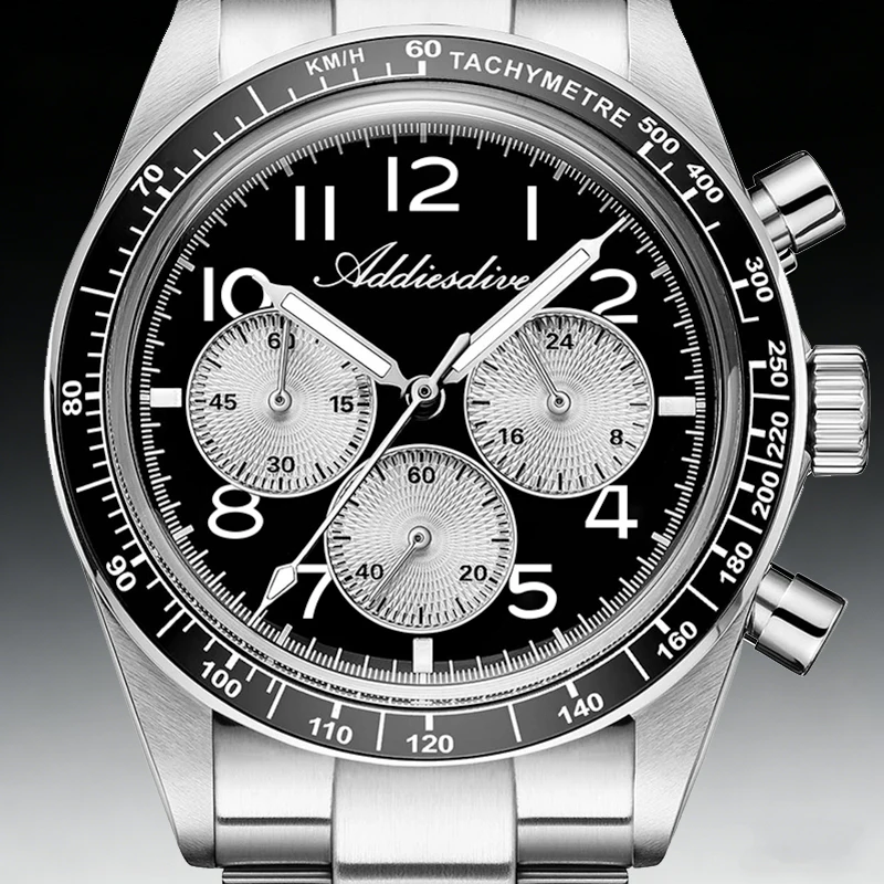 

ADDIESDIVE Men Luxury Chronograph Quartz Watch Stainless Steel Case Ceramic Bezel BGW9 Luminous Bubble Crystal Sports Watch