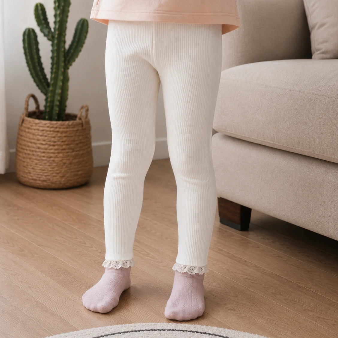 Toddler Girls Ribbed Leggings Lace Trim Cuff Elastic Waist Solid Color Kids Pants Spring Autumn Soft Casual Trousers