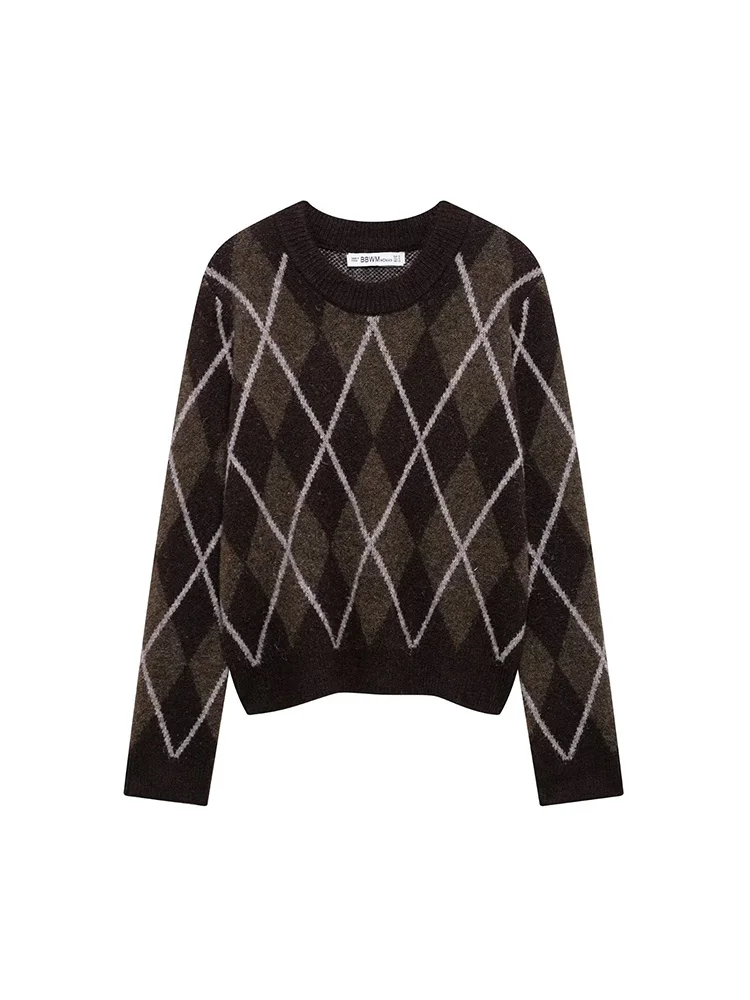 2024 Autumn And Winter New Women Fashion Crew-Neck Pullover Long-Sleeved Diamond Check Knitted Top