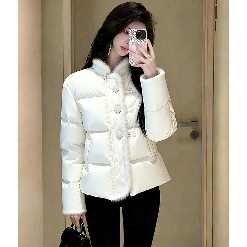 

Элегантная женская зимняя парка с белым воротником 2026, модное тонкое пуховое хлопковое пальто, легкая универсальная роскошная верхняя одежда для взрослых