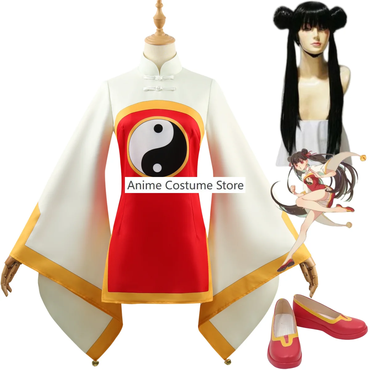 Anime Cardcaptor Sakura Li Meiling Cosplay Costume pour femme, perruque taoïste, uniforme, robe, chaussures, Kawaii, fête trempée