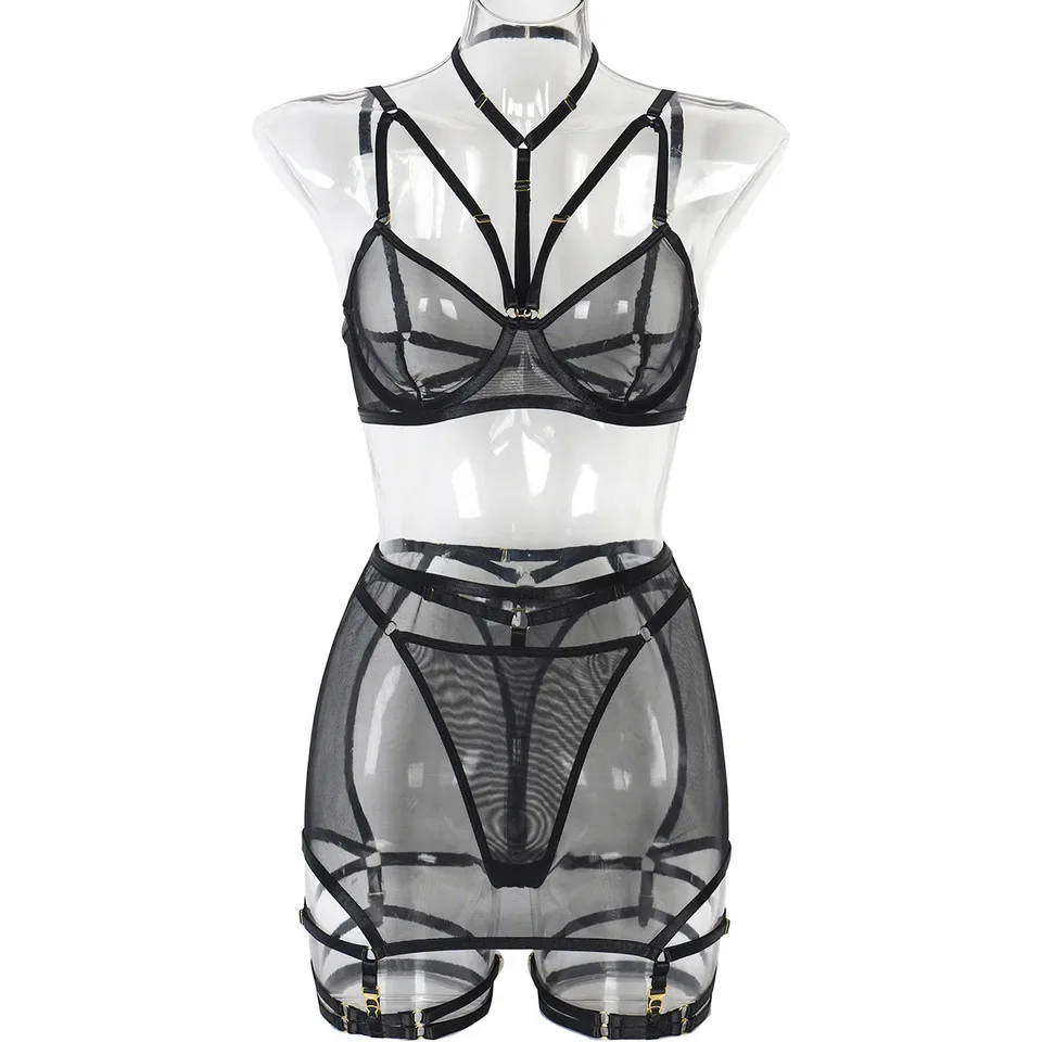 New Sexy Erotic Mesh Patchwork 3 Piece Set Featuring Sensual See Through Design Alluring Charming Sensual Lingerie Set