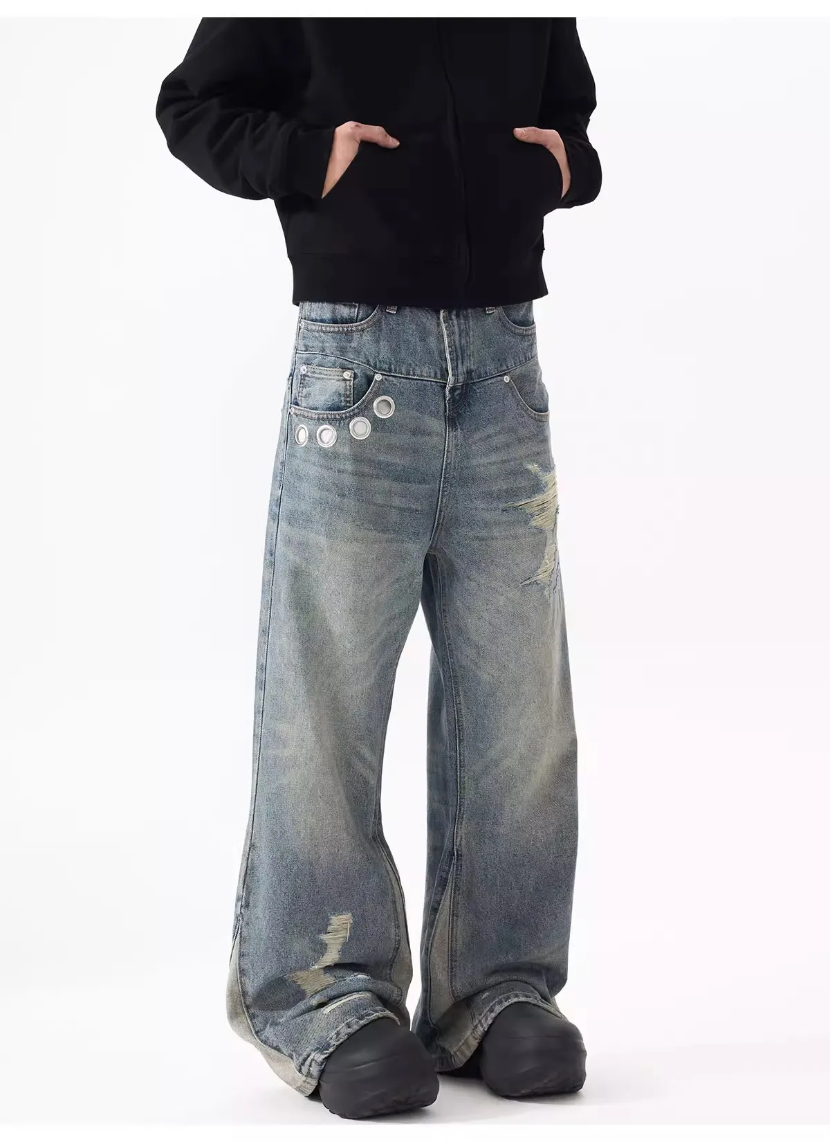 American Style Ink Splash Rivet Design Washed Men's Jeans  Chic Blue Denim Wide Leg Pants Straight Trousers