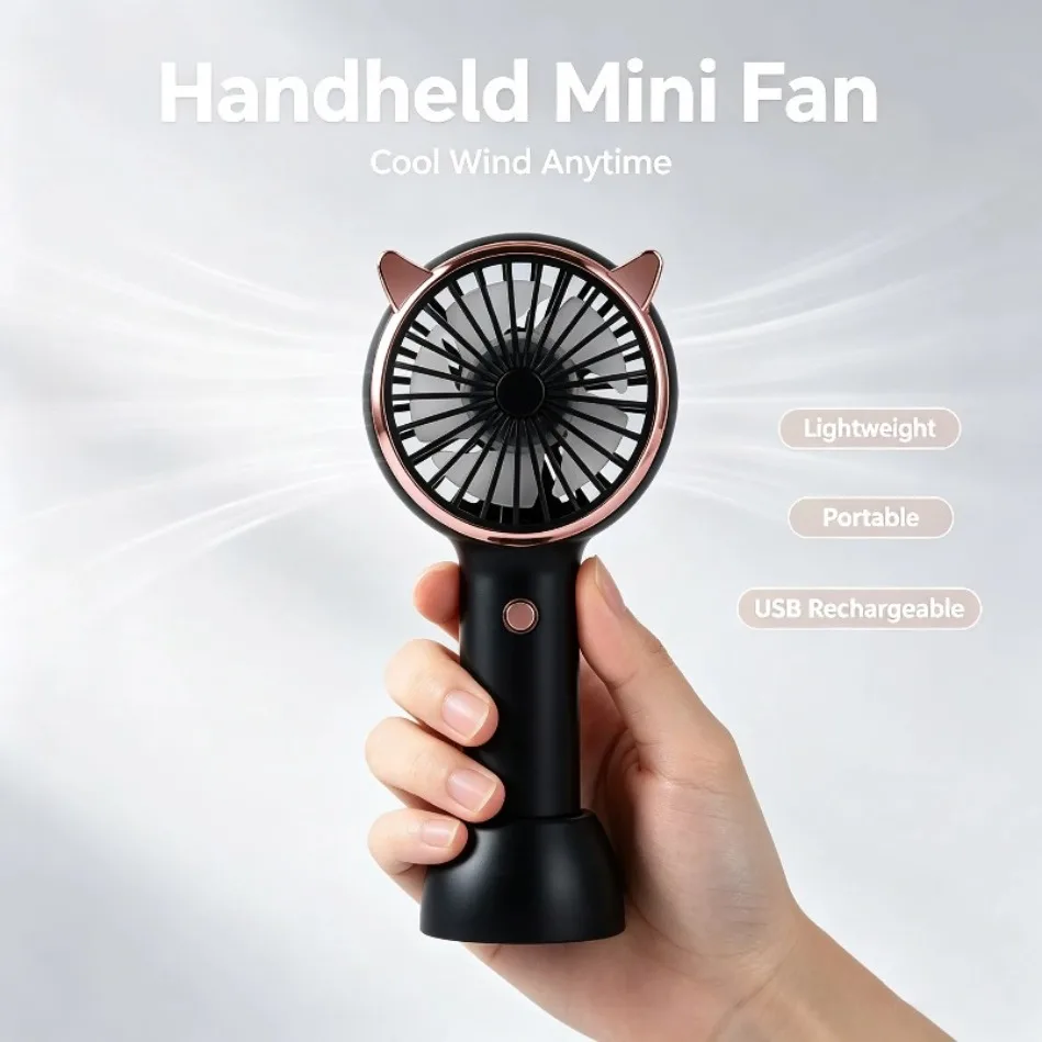 USB Fan Cat Ear Mini Handheld LED Light 3 Speed Rechargeable Portable Quiet Desk Fan With Base for Makeup Travel Women