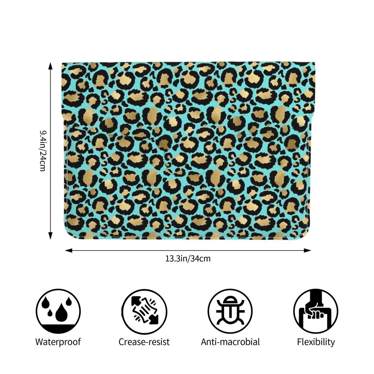 Blue Turquoise Gold Metallic Leopard Print Fur Spots PU Leather Horizontal Laptop Sleeve Shockproof Soft Lining Notebook Case