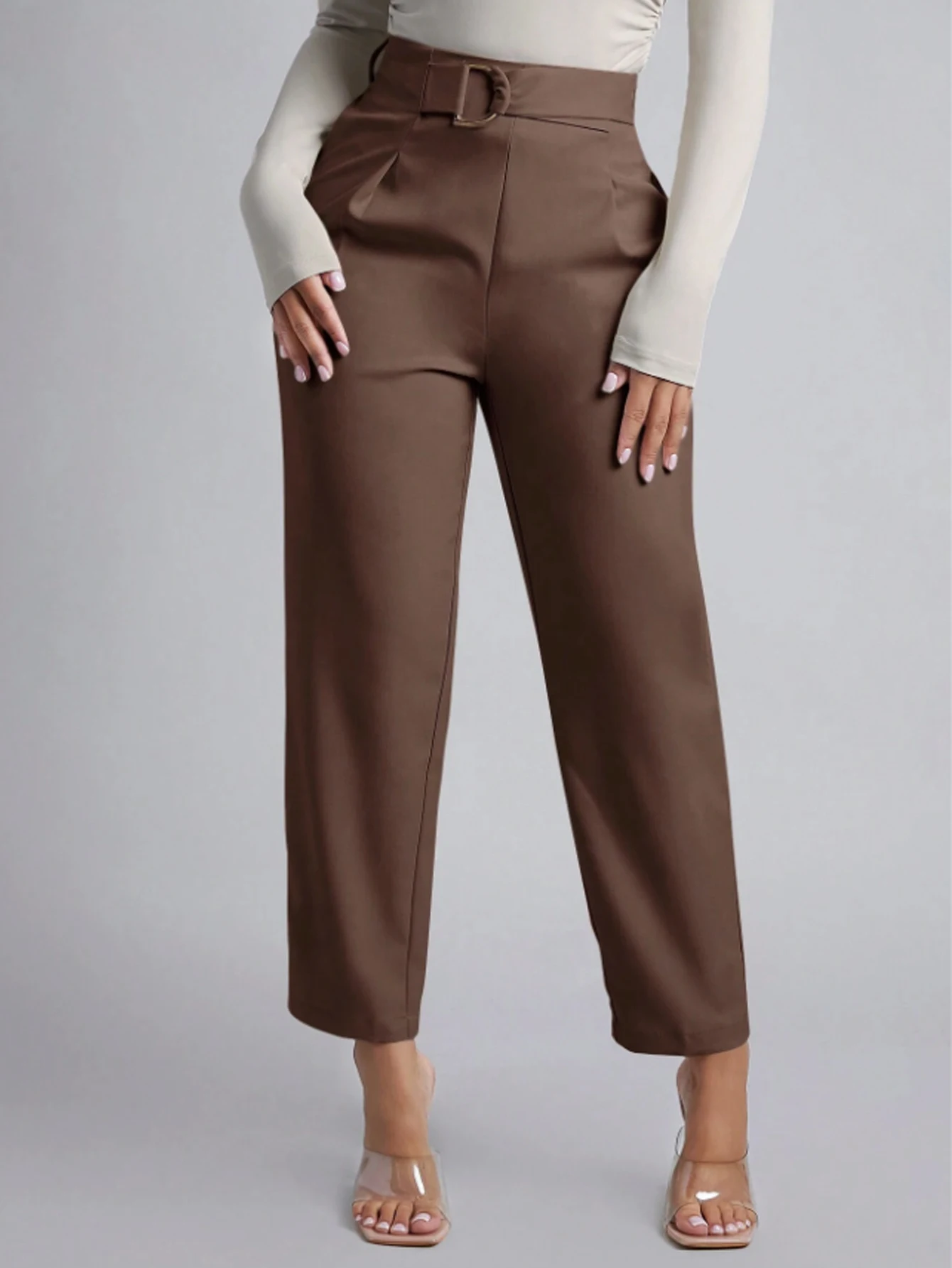 Women's Brown High Waist Suit Pants D-buckle Decor Ankle Length Straight Leg Pants Office Elegant Casual Spring Summer Trousers