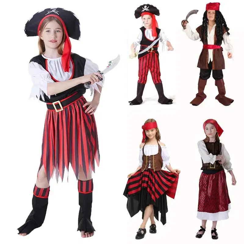 New 2025 Children Pirate Captain Cosplay Costumes With Hat For Boys Girls Crossbones Cutie Halloween CostumeRER34 RQR90