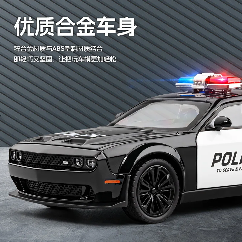 Modèle de voiture de police Dodge Challenger SRT en alliage moulé sous pression, voiture de sport en métal, collection sonore et lumineuse, cadeau jouet pour garçons, 1:22