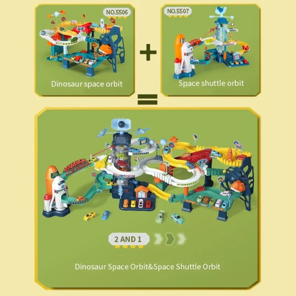 Light Up Space Rocket Shuttle Track Playset Multi Layer Orbital Adventure Obstacle Race Car Parking Garage Toy Ideal Gift