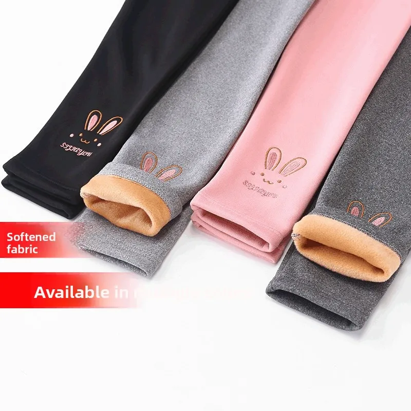 Girls Fleece Lined Base Layer Pants Autumn Winter Kids Cartoon  Color Toddler Girls Pure Color Cartoon Patterned Trousers