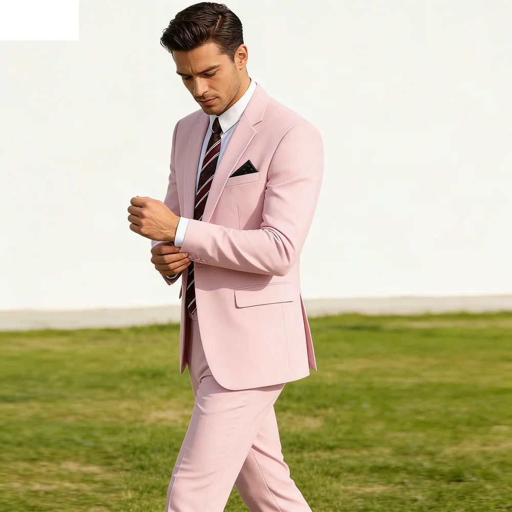 

Summer Fashion Men's Two-Piece Slim Tuxedo Set with Notched Lapel Unique Jacket Pants Business Clothes Ensemble