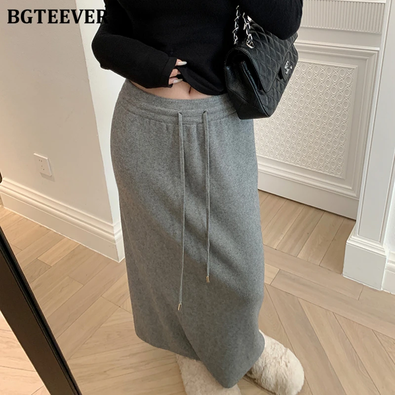 

BGTEEVER Stylish High Waist Female Drawstring Straight Skirts Autumn Winter Fashion Loose Female Solid Knitted Sweater Skirts