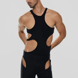 Nightclub Sexy Hollow Out Tank Tops Men Partywear Fashion Solid Sleeveless Straps O Neck Vest Pullover Mens Strech Slim Camisole