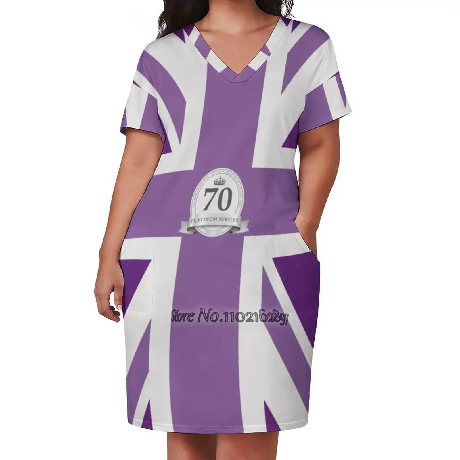 Platinum Jubilee Flag ( Purple ) Sexy V-Neck Dress Fashion Casual Printed High Quality Short Sleeve Skirt 5Xl Studio72 Platinum